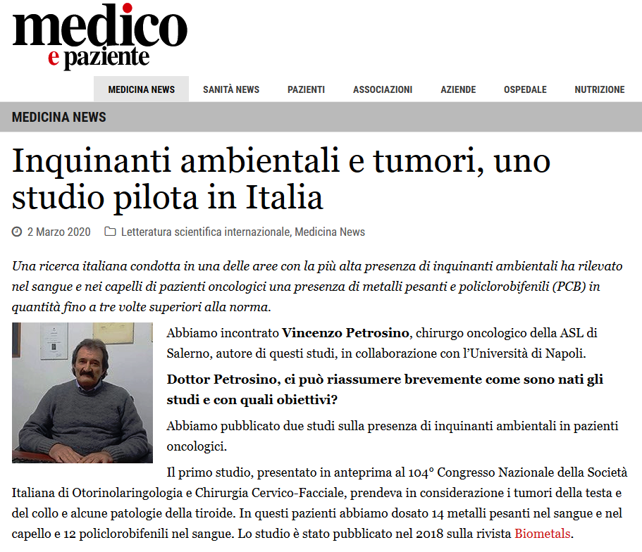 Inquinanti ambientali e tumori, due studi pilota in Italia. Intervista su medico e Paziente a Vincenzo Petrosino
