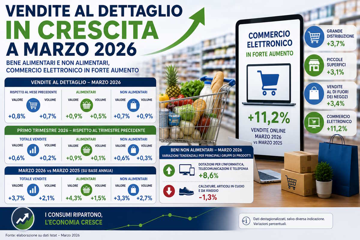 Vendite al dettaglio in crescita a marzo 2026: bene alimentari e non alimentari, online in forte aumento