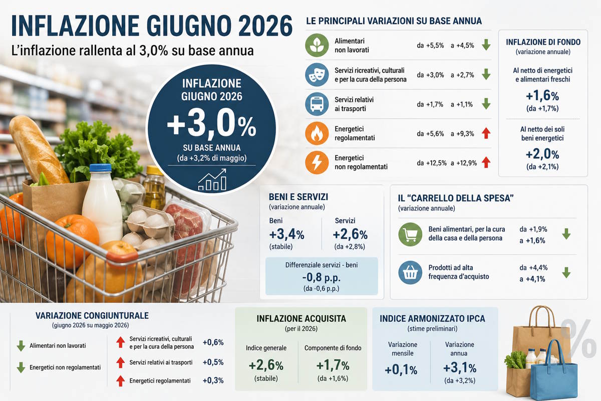Inflazione, a giugno 2026 rallenta al 3%: frenano alimentari freschi e servizi, ma l’energia continua a spingere i prezzi